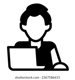 Hombre en portátil con ratón, autónomo, icono sólido programador, concepto de trabajo, signo de vector empleado sobre fondo blanco, icono de estilo glifo para concepto móvil y diseño web. Gráficos vectoriales