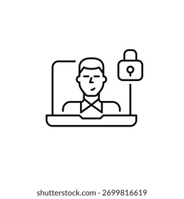 Hombre en la pantalla del ordenador portátil y bloqueo. Comunicación segura, conversaciones privadas. Icono de Vector de trazo perfecto y editable