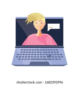 hombre en pantalla portátil, aprendizaje en línea, conferencia y consulta, diseño de ilustración vectorial