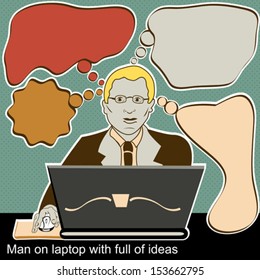 man on laptop surrounded by comic balloons.