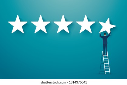 man on ledder giving five star rating. feedback concept vector illustration