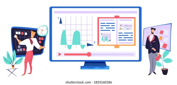 The man on the left glues a sheet of paper to the black board with stickers next to clock. The person to the right tears off a sheet of paper. Monitor with a video about the dynamics of graph changes