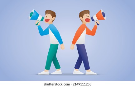 the man on left side is happily announcing something and the man on right side is shouting out loud. good and bad communication concept illustration vector