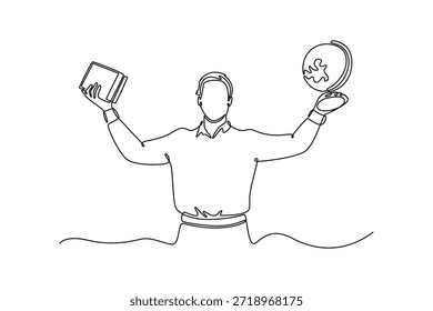 Hombre en clase. Enseñanza y aprendizaje. Lección de educación escolar. conocimientos y habilidades de los maestros. Concepto del día del profesor. Diseño de dibujo de línea única. Ilustración gráfica de Vector
