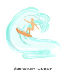 Man on light brown surfboard surfing big blue ocean wave cartoon style logo isolated vector illustration on white. Extreme surface water sport
