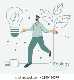 Man on line leaf, Green city with ecology nature conservation, Environmental protection. Vector design illustration.