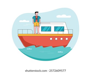 Man on a luxury yacht, traveling holiday. Character design. Vector flat illustration