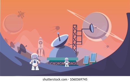 The man on Mars. Against the background of shuttles, spacecraft and satellites. Vector illustration.