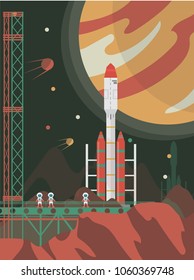 The man on Mars. Against the background of shuttles, spacecraft and satellites. Vector illustration.