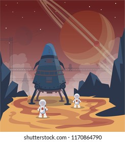 The man on Mars. Against the background of shuttles, spacecraft and satellites. Vector illustration.