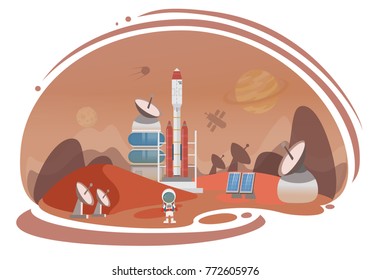 The Man On Mars. Against The Background Of Shuttles, Spacecraft And Satellites. Vector Illustration.