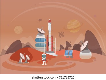 The man on Mars. Against the background of shuttles, spacecraft and satellites. Vector illustration.