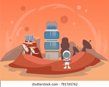 The man on Mars. Against the background of shuttles, spacecraft and satellites. Vector illustration.