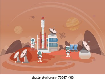 The man on Mars. Against the background of shuttles, spacecraft and satellites. Vector illustration.