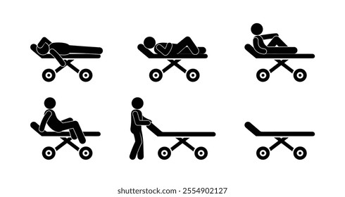 man on medical gurney, ambulance, set of icons, sticks stickman figure, isolated silhouettes of lying people, medic and patient