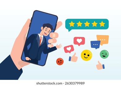 Man on mobile giving experience rating, customer experience, CX or UX user experience, feedback or comment, opinion on product and service, user satisfaction positive or negative feedback concept