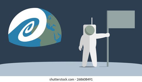 Man On The Moon With Flag. Flat Stile Vector Illustration Of Success. View Of The Earth From The Moon. Astronaut In Space 