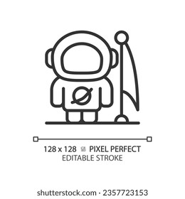 Man on moon pixel perfect linear icon. Lunar landing. Astronaut suit. Space achievement. Apollo 11. First step. Thin line illustration. Contour symbol. Vector outline drawing. Editable stroke