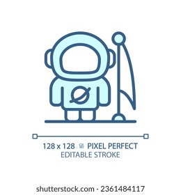 Man on moon pixel perfect light blue icon. Lunar landing. Astronaut suit. Space achievement. Apollo 11. RGB color sign. Simple design. Web symbol. Contour line. Flat illustration. Isolated object