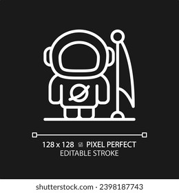 Man on moon pixel perfect white linear icon for dark theme. Lunar landing. Astronaut suit. Space achievement. First step. Thin line illustration. Isolated symbol for night mode. Editable stroke