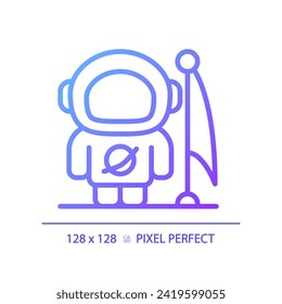 Man on moon pixel perfect gradient linear vector icon. Lunar landing. Astronaut suit. Space achievement. First step. Thin line color symbol. Modern style pictogram. Vector isolated outline drawing