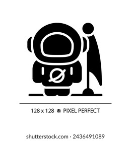 Man on moon pixel perfect black glyph icon. Lunar landing. Astronaut suit. Space achievement. Apollo 11. First step. Silhouette symbol on white space. Solid pictogram. Vector isolated illustration