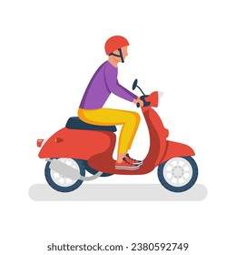 Man on a moped. A young guy on a scooter. Stylishly dressed and with a helmet on his head. Courier on a moped. Man riding motorcycle.  Vector illustration flat design. Isolated on a white background.