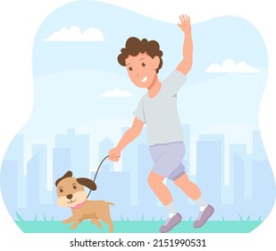 A man is on a morning run with a dog, against an urban background