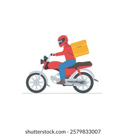 Man on moterbike with parcel box on the back delivering food In city.
vector illustration