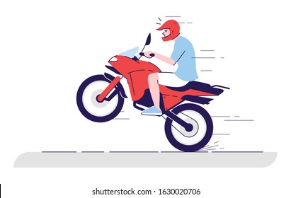 Man on motorbike flat doodle illustration. Extreme bike riding. Local transport means. Guy doing motobike stunt. Indonesia tourism 2D cartoon character with outline for commercial use