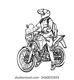 Mann auf einem Motorrad handgezeichnete Illustration isoliert, Ein Mann in städtischer Freizeitkleidung, mit einem Rucksack und einem Helm angehalten mit beiden Füßen auf dem Boden während der Fahrt eines Motorrads, Vektorgrafik Sketch