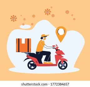 Man on motorcycle delivering merchandise with location vector illustration desing