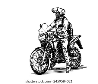 Mann auf einem Motorrad handgezeichnete Illustration, Ein Mann in städtischer Freizeitkleidung, mit einem Rucksack und einem Helm gestoppt mit beiden Füßen auf dem Boden während des Fahrens eines Motorrads, Vektorgrafik Freihand-Skizze