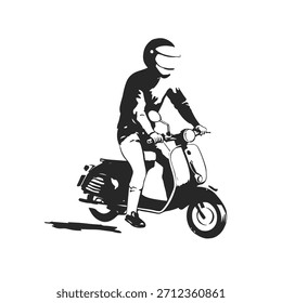 Man on Motorcycle Silhouette Vector Illustration. Scooter Abstract Minimal Drawing. Biker Modern Trendy Monochrome Illustration.