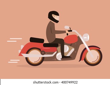 Man on a motorcycle. Vector isolated illustration. Cartoon character. 
