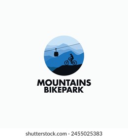 Hombre en bicicleta de montaña con vista a la naturaleza de las montañas y el logotipo moderno del teleférico. Icono de parque de bicicletas, símbolo, Ilustración vectorial de diseño de camiseta