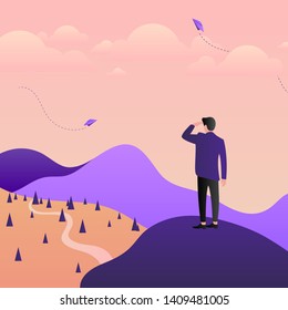 Man on the mountain. Businessman standing on top of a mountain and looking into the distance. Vector illustration. The concept of discovery and new horizons. Simple flat style. EPS-10.