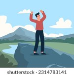 Man on mountain concept. Young guy stands on rock and raises his hands up. Freedom and independence. Character on hike or camping, active lifestyle. Cartoon flat vector illustration