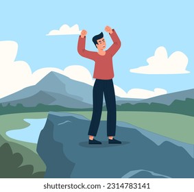 Man on mountain concept. Young guy stands on rock and raises his hands up. Freedom and independence. Character on hike or camping, active lifestyle. Cartoon flat vector illustration