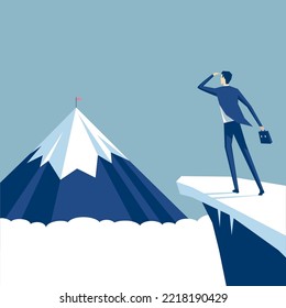 Man On A Mountain Drawing Proud Of His Climbing Success To The Clouds. Athlete On A Cliff Celebrating Achievement Ascending To The Top. Sports Guy Reaching The Sky.