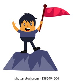 Hombre en la montaña con bandera, ilustración, vector sobre fondo blanco.