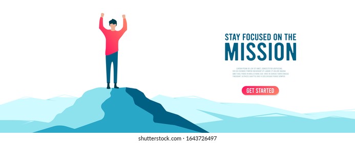Man on mountain peak. Businessman and financial success, goal achievement vector concept