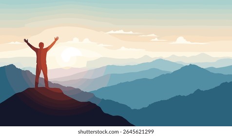 Man on Mountain Peak Celebrating Success at Sunrise