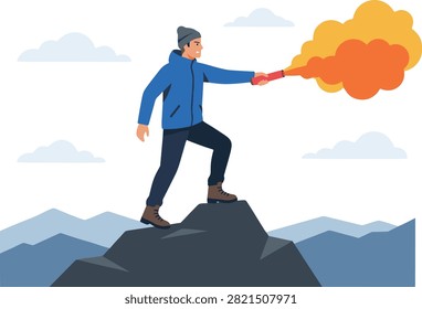 Man on a mountain peak holding a signal flare with orange smoke. Flat illustration of a hiker in a blue jacket on a mountain summit holding a distress flare. Orange smoke billows against a cloudy sky. Ideal for emergency preparedness guides or blogs.