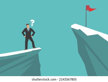 Man On A Mountain Peak Looking At The Red Flag On Another Peak. The Concept Of Reaching Goals. Flat Vector Illustration.