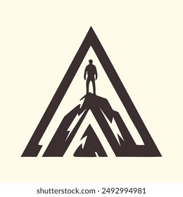 man on a mountain peak in a triangle shape, simple logo design,  illustration