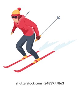 Man on mountain ski resort. Winter web banner design element. Sport on vacations or winter activity. Sports descent on skis in mountains hills. Vector cartoon illustration