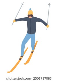 Man on mountain ski resort. Winter web banner design element. Sport on vacations or winter activity. Sports descent on skis in mountains hills. Vector cartoon illustration