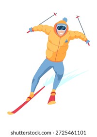Hombre en la estación de esquí de montaña. Elemento de diseño de Anuncio de Web de invierno. Deporte en vacaciones o actividad invernal. Descenso deportivo sobre esquís en colinas de montaña. Vector ilustración de dibujos animados