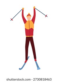 Hombre en la estación de esquí de montaña. Elemento de diseño de Anuncio de Web de invierno. Deporte en vacaciones o actividad invernal. Descenso deportivo sobre esquís en colinas de montaña. Vector ilustración de dibujos animados